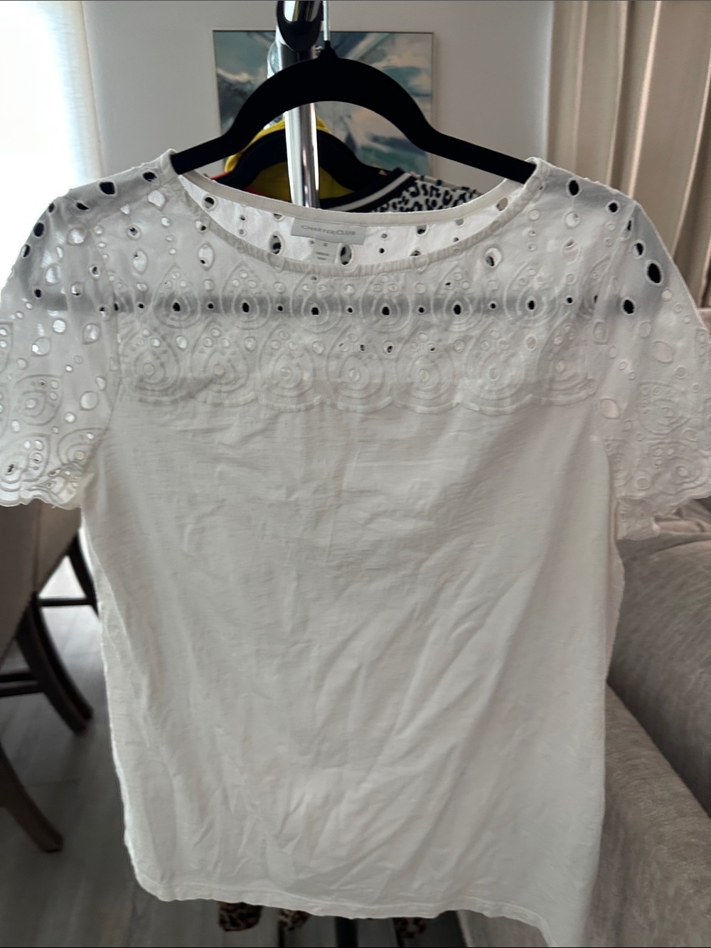 Charter Club White Eyelet Lace Trim Short Sleeve Top